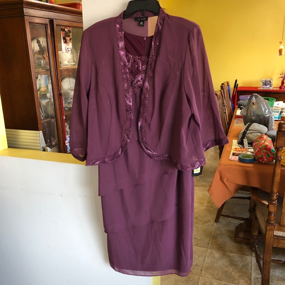 Le Bos 2-Pc Jacket Dress 18W Purple Glitter Sheer Sleeveless